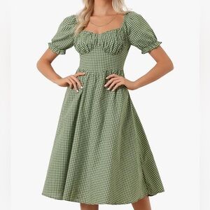Allegra K Plaid Tea Green Sweetheart Neck Puff Sleeve Gingham Midi Dress